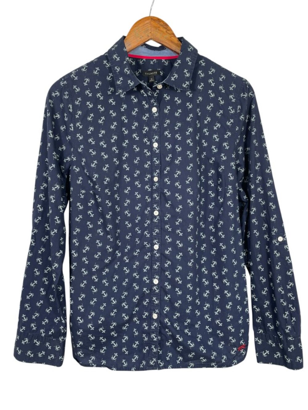 Talbots Anchor Print Navy Button Down Shirt Cotton Nautical Prep Size 12 - Picture 9 of 9